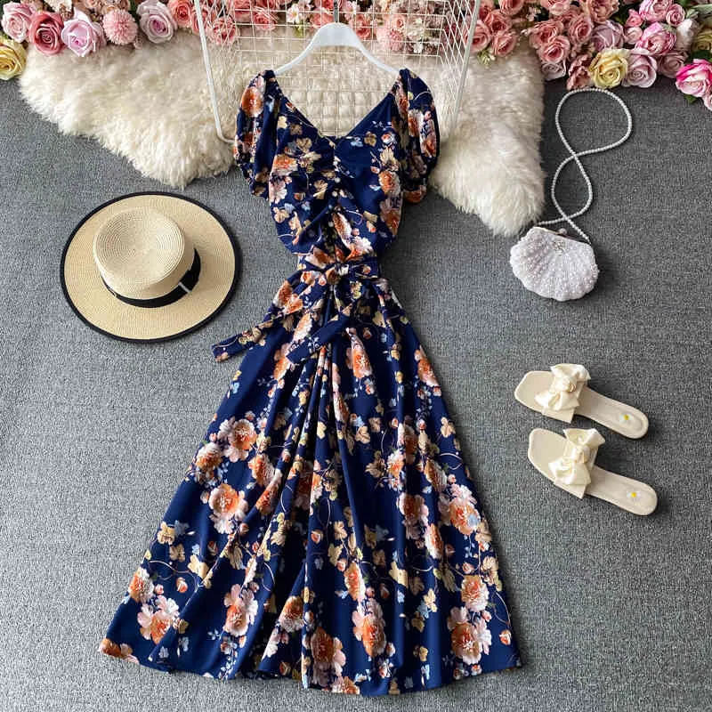 Summer Beach A-Line Print Robe Femme Seaside Holiday Halter Big Swing Midi Longue Robe Sweet Floral V-Col Robe Robe Lady 210514