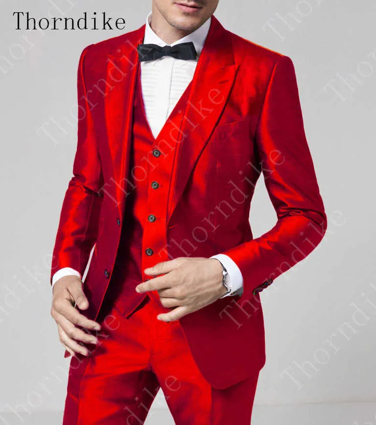 Thorndike 2020 Maßgeschneiderter glänzender roter Bräutigamanzug, maßgeschneiderter glänzender roter Hochzeitsanzug mit einem Knopf für Männer, maßgeschneiderter roter Smoking, 3-teilig, X0909