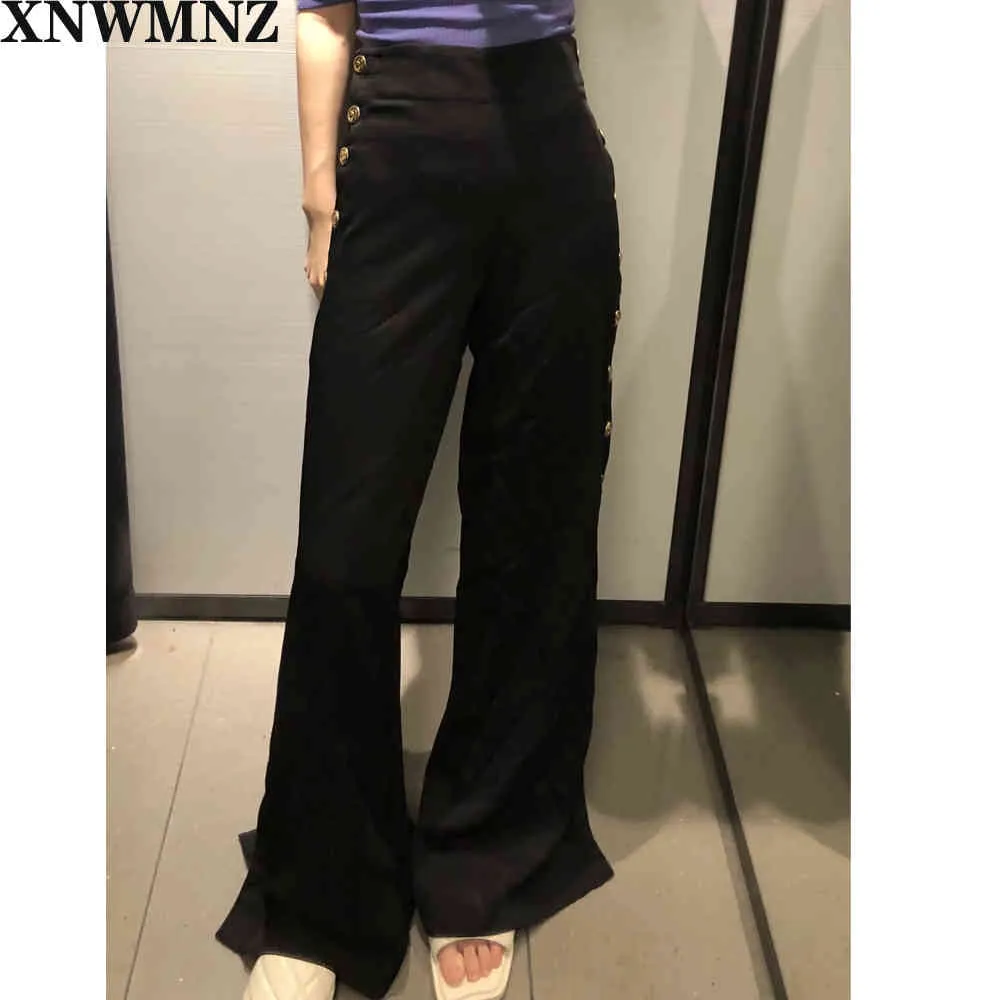 Pantalon palazzo boutonné mode femme Coupe large taille haute avec boutons métal sur les côtés Femme chic 210520