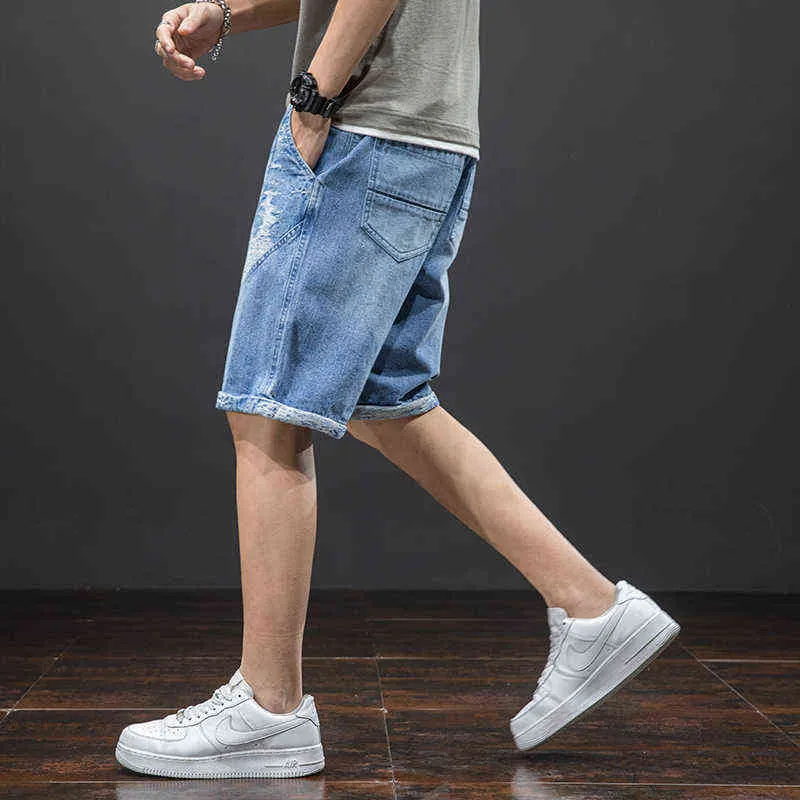 Plus Size Summer Blue Short Jeans Hommes Genou-Longueur Coton Casual Baggy Pantalon Mâle Rayé Denim Shorts 6XL 7XL 8XL 211120