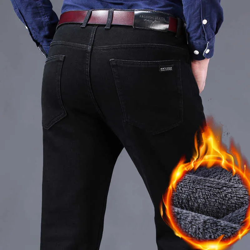 Zimowe dżinsy Mężczyźni Czarny Slim Fit Stretch Grube Aksamitne Spodnie Ciepłe Spodnie Fleece Mężczyzna Plus Rozmiar 210716