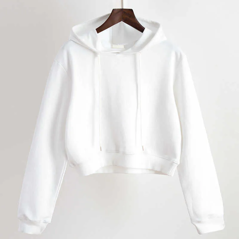 Kvinnor Plain Hoodies Crop Top Solid Färg Långärmad Dam Långt Pullover Sommar Höst Fashion Girl Sweatshirts Kläder 210816