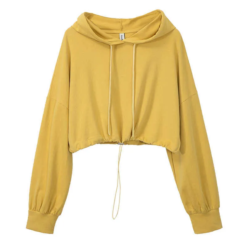 Ly Cotton Women Sweatshirt Hoodie 캐주얼 긴 소매 Drawstring 얇은 자른 스웨트 M30419 210526