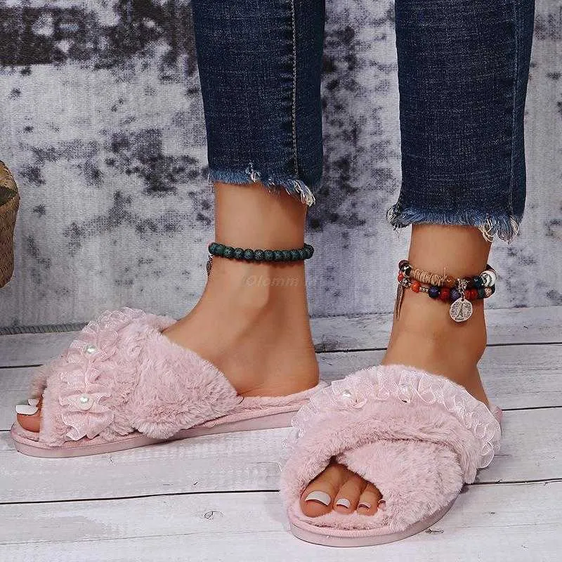 L 2021 Hot Design Winter Women Faux Fur Slippers Lace Pearl Cross Strap Flat Indoor House Shoes Ladies Female Footwear Cozy Y0804