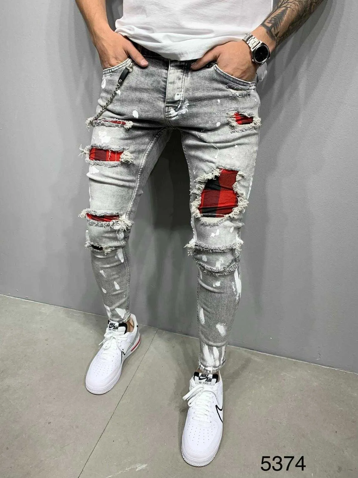 Mode Herrhål Slim Byxor Stil Mäns Färg Svart / Blå / Grå Hiphop Kvalitet Bomull Jeans 211011