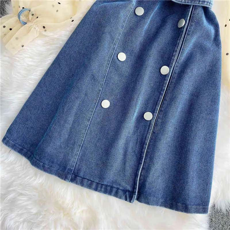 Коробов V-образным вырезом джинсовые платье осень новая корейская версия с талией и тонким темпераментом шить сетки поддельные две юбки 210430