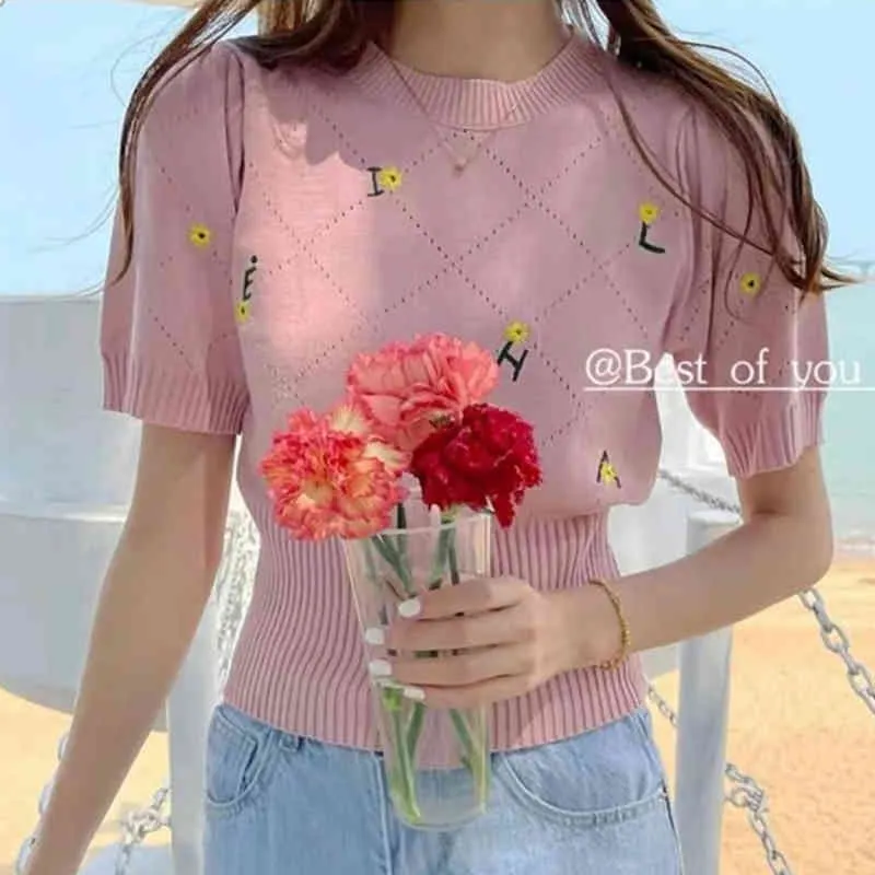 Short-sleeved embroidery letter knitted cardigan summer style all-match slimming Korean fashion top women's clothing 210520