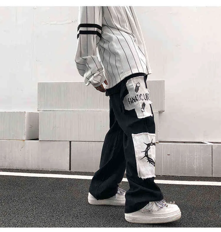 Tideshec Manga Patch Pants Men's Ins Harajuku Trousers Casual Loose Straight Wide Leg Black Stitching Patch Anime Printed Jeans 211120