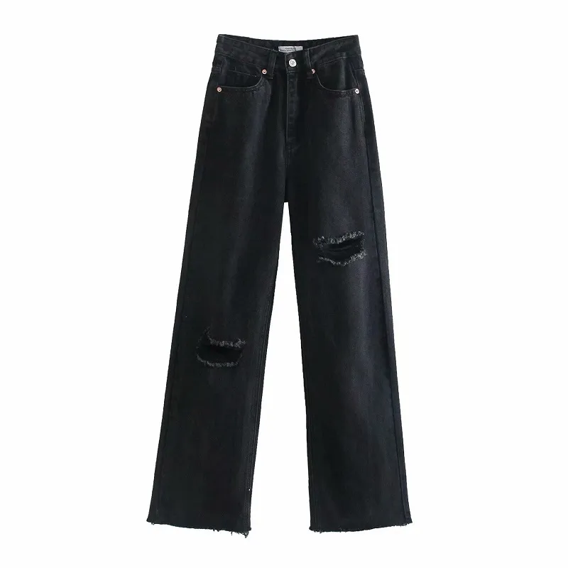 Jeans déchirés noirs Y2K taille haute pour femmes mode streetwear jambe large femme rue pantalon droit poches 210430