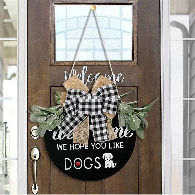 Psy Witamy Drzwi Wiszące Wieszanie Drzwi Front Decoration Plaques Pet Dog Przypomnienie Znaki Home Big Plaid Bow Wreat Water Decor Y0901