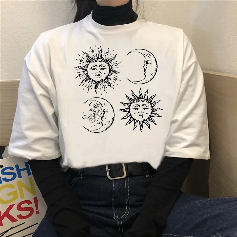 太陽月抜きアートグラフィックティービンテージヒップスターカワイイカジュアルな面白いtシャツの女性ブラッククールグランジゴシック夏トップス210518