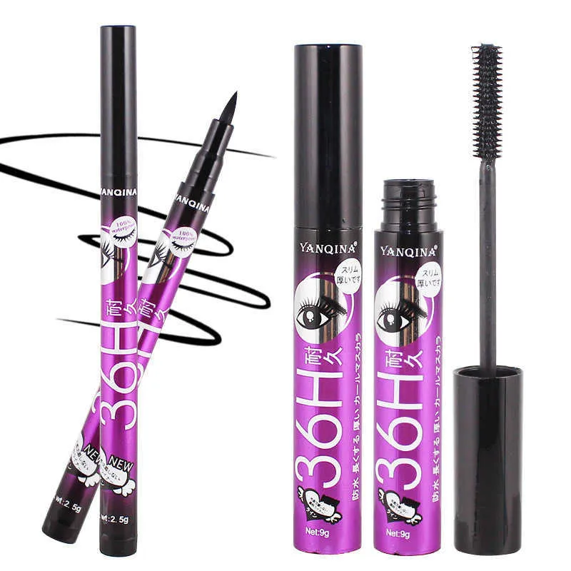 Svart Mascara + Eyeliner Pencil Makeup Set Silk Fiber 2 i 1 Extend Tjock Eyelash Slim Tjock Curling Vattentät Kosmetik Kit