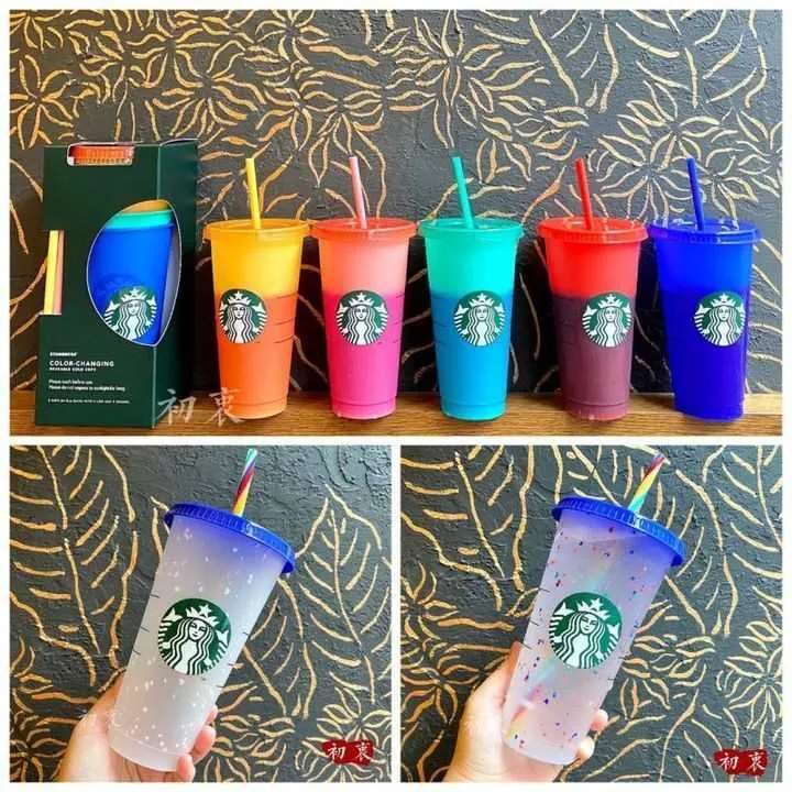 Hazır Stockstarbucks Renk Değiştiren Konfeti Yeniden Kullanılabilir Plastik Tumbler Kapak ve Saman Soğuk Kupası, FL Oz, OF ON VEYA BAŞLI