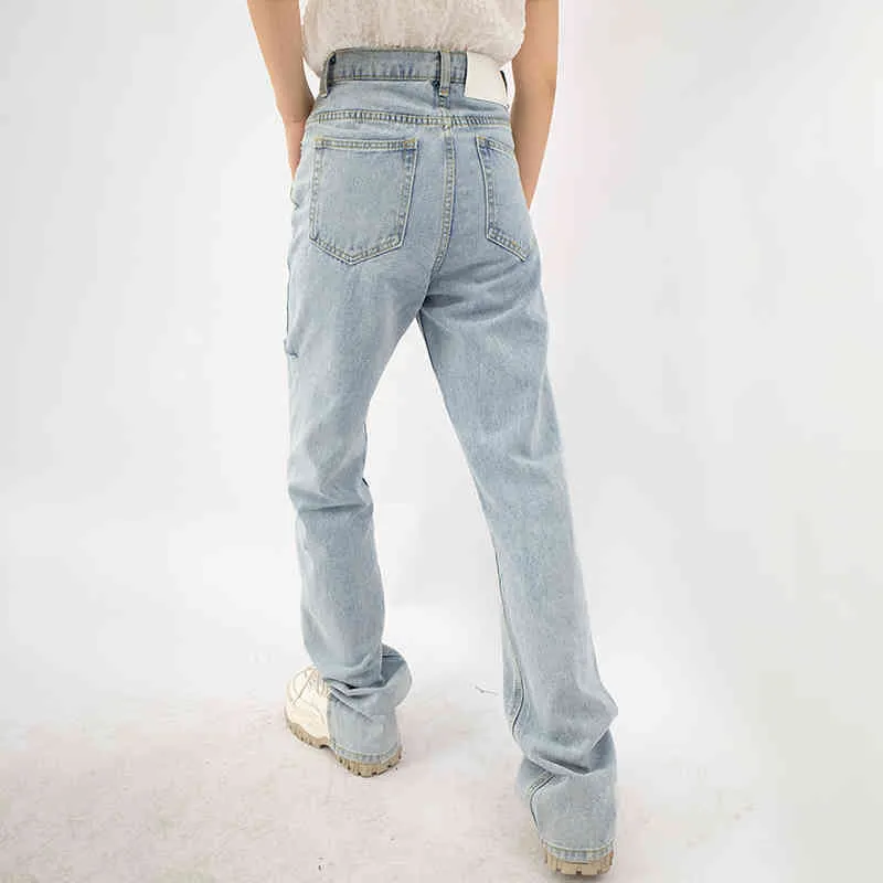 Streetwear Blue Hole Jeans Donna Estate Vita alta Pantaloni neri sottili larghi in denim dritto Marea femminile 5E326 210427