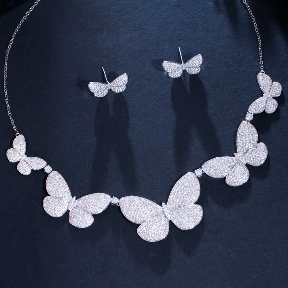 Pera Elegance Butterfly Design Zilveren Kleur Sprankelende Kubieke Zirconia Bruiloft Charme Ketting Oorbellen Sieraden Set voor Bruiden J451 H1022