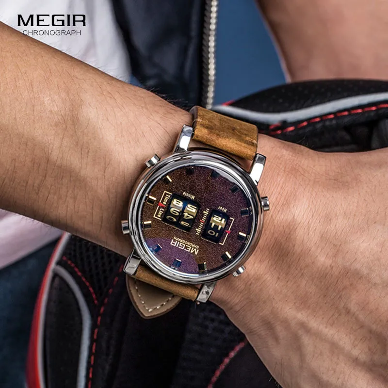 Megir Nieuwe Top Band Horloges Men Militaire Sport Brown Leather Quartz Polshorloge Luxe Drum Roller Relogio Masculino 2137 210329237Z