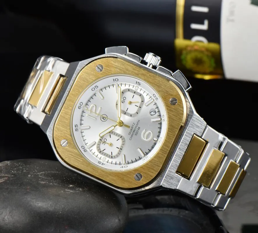 Horloges BR Model Sport Quartz Bell Luxe multifunctioneel horloge Zakenlieden Volledig roestvrij staal Man Kalender Ross Square Wris287H