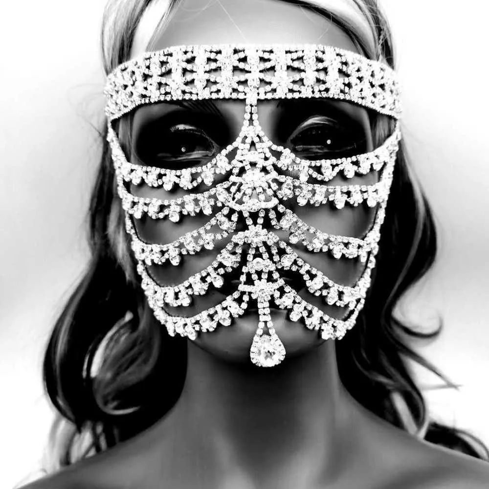 2021 Luxury Full Rhinestone Tassel Mask Mask Maskarada do twarzy biżuteria dla kobiet seksowna krystaliczna łańcuch cosplay maska ​​twarzy Akcesoria Q03407500