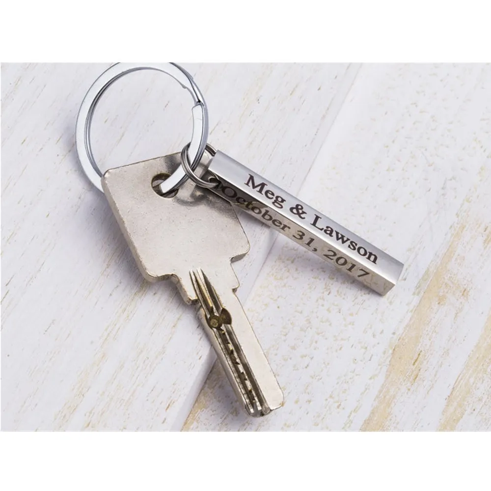 Custom Name Date Keychain Personalized Laser Engrave 4 Sides Stainless Steel Bar for Women Men Jewelry Gift