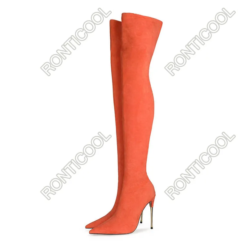 Ronti nouvelles femmes bottes de cuisse flexibles daim talons aiguilles bout pointu joli gris Fuchsia rouge chaussures de fête femmes taille américaine 5-13