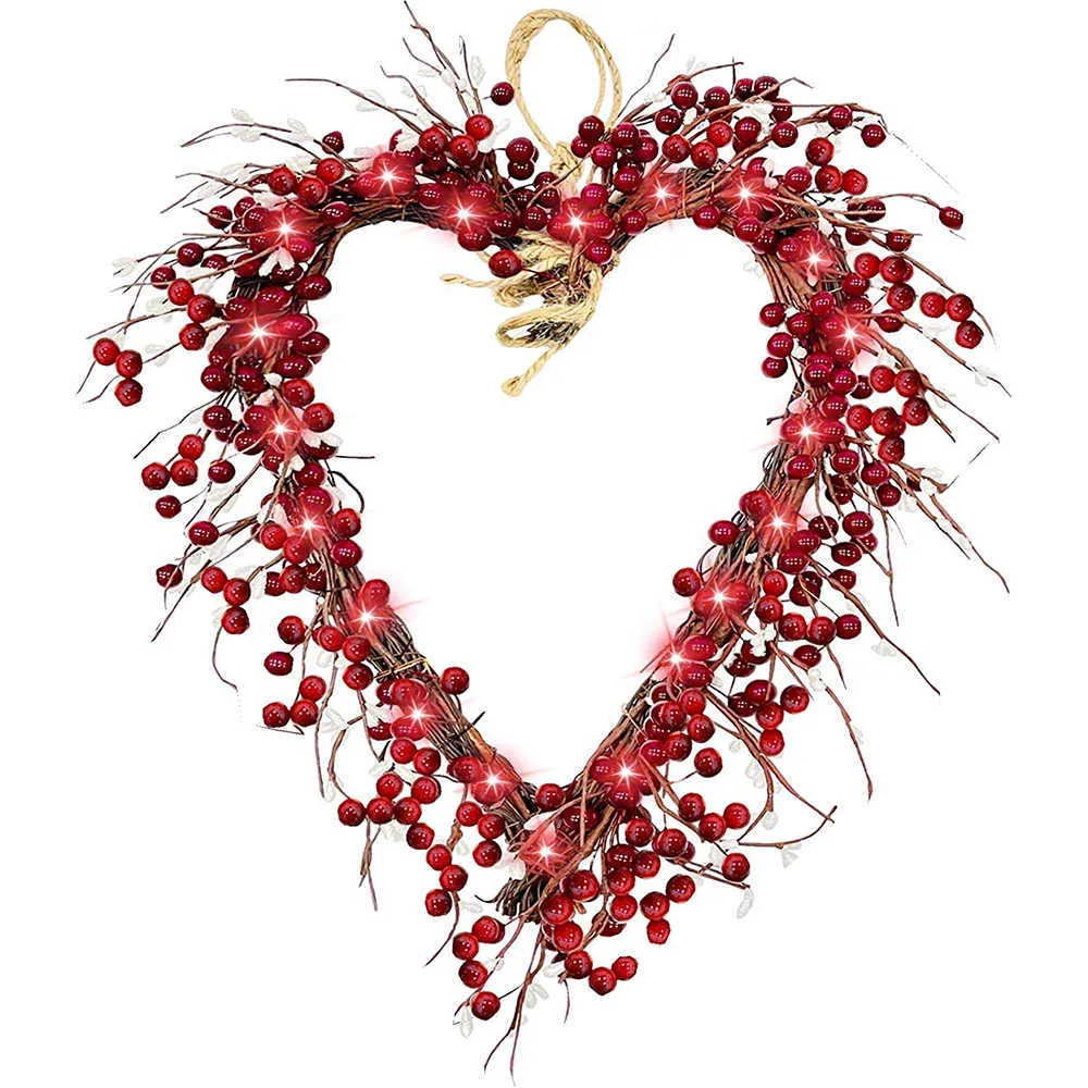 Couronne de la Saint-Valentin de 16 pouces, décorations de porte d'entrée, baies rouges, couronnes en forme de cœur avec 20 LED, fonctionne à piles, LBSh Q0812