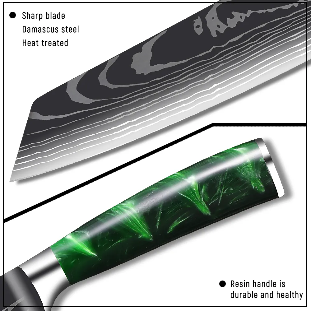 Kockknivuppsättning Laser Damaskus Mönster Skarpa Köksknivar Matlagningsverktyg Rostfritt Stål Santoku Cleaver Skivningsverktyg Grön hartshandtag