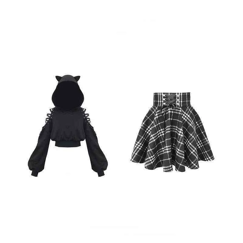Jupe gothique Lolita femme S-XXL multi-taille automne et hiver taille haute à lacets jupe courte en laine à carreaux mini jupe de ballet 211120