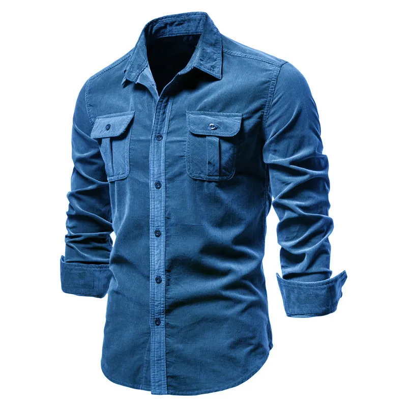 Men's Shirt Business Casual Single Breasted 100% Cotton Fashion Solid Corduroy Man s Autumn Slim Top EU Size 220307