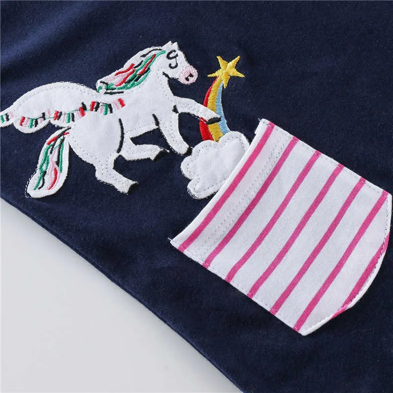 Jumping meters Long Sleeve Princess Girls Cotton Dresses Animals Applique Pockets Children Autumn Spring Clothes Unicorn 210529