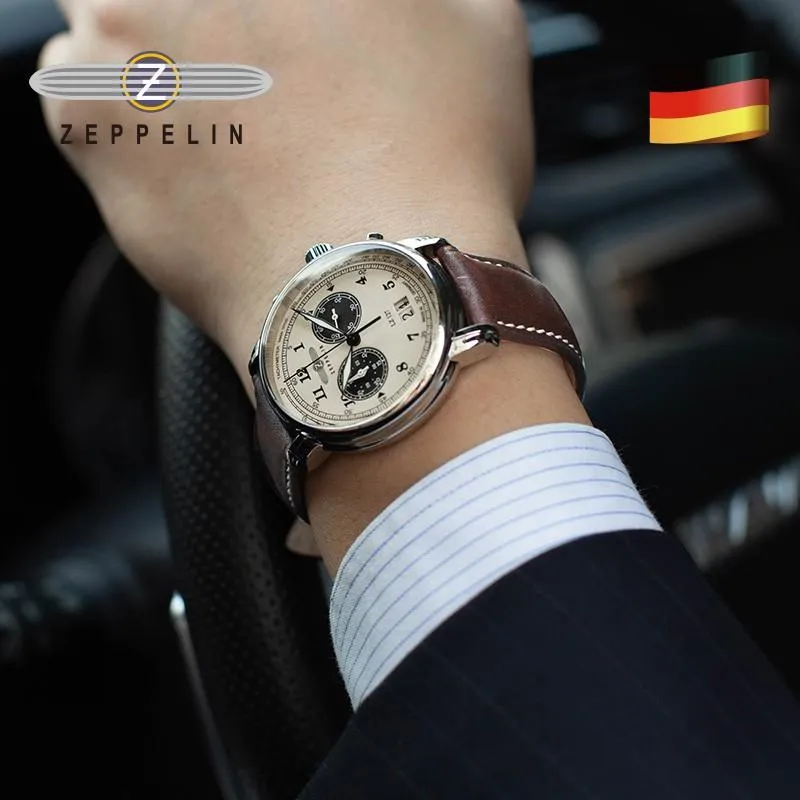 Bilek saatleri Zeppelin İthal Su Geçirmez Deri Kemer İşletme Gündelik Kuvars İki Göz Çok Fonksiyonlu Kronograf Montre Homme 3561
