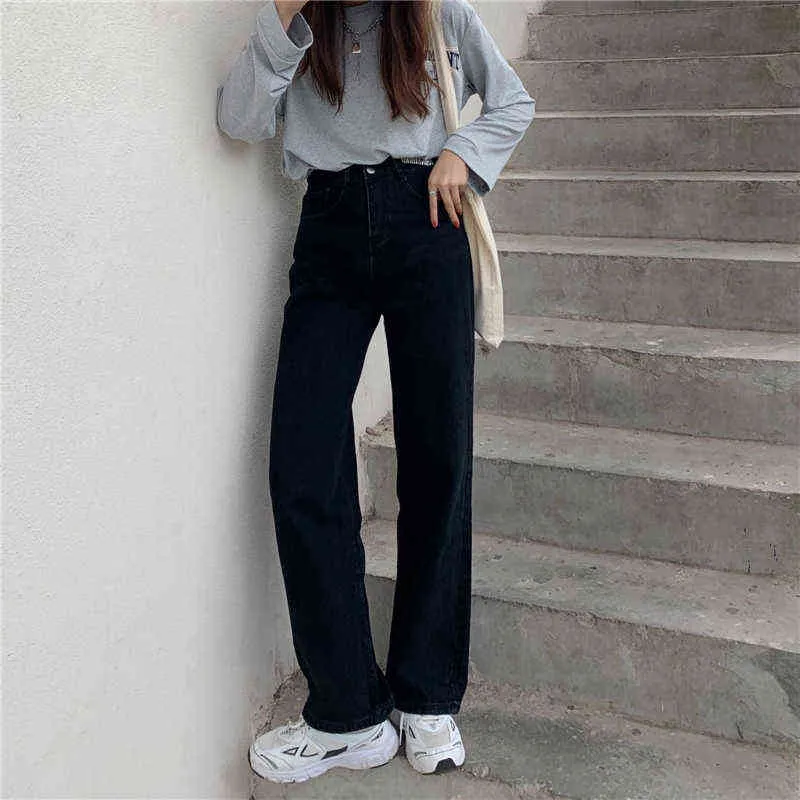 Jesień wysoki talia szerokie dżinsy damskie proste i cienkie luźne vintage czarne spodnie casual denim długi jean spodnie dla dziewczyn 211111