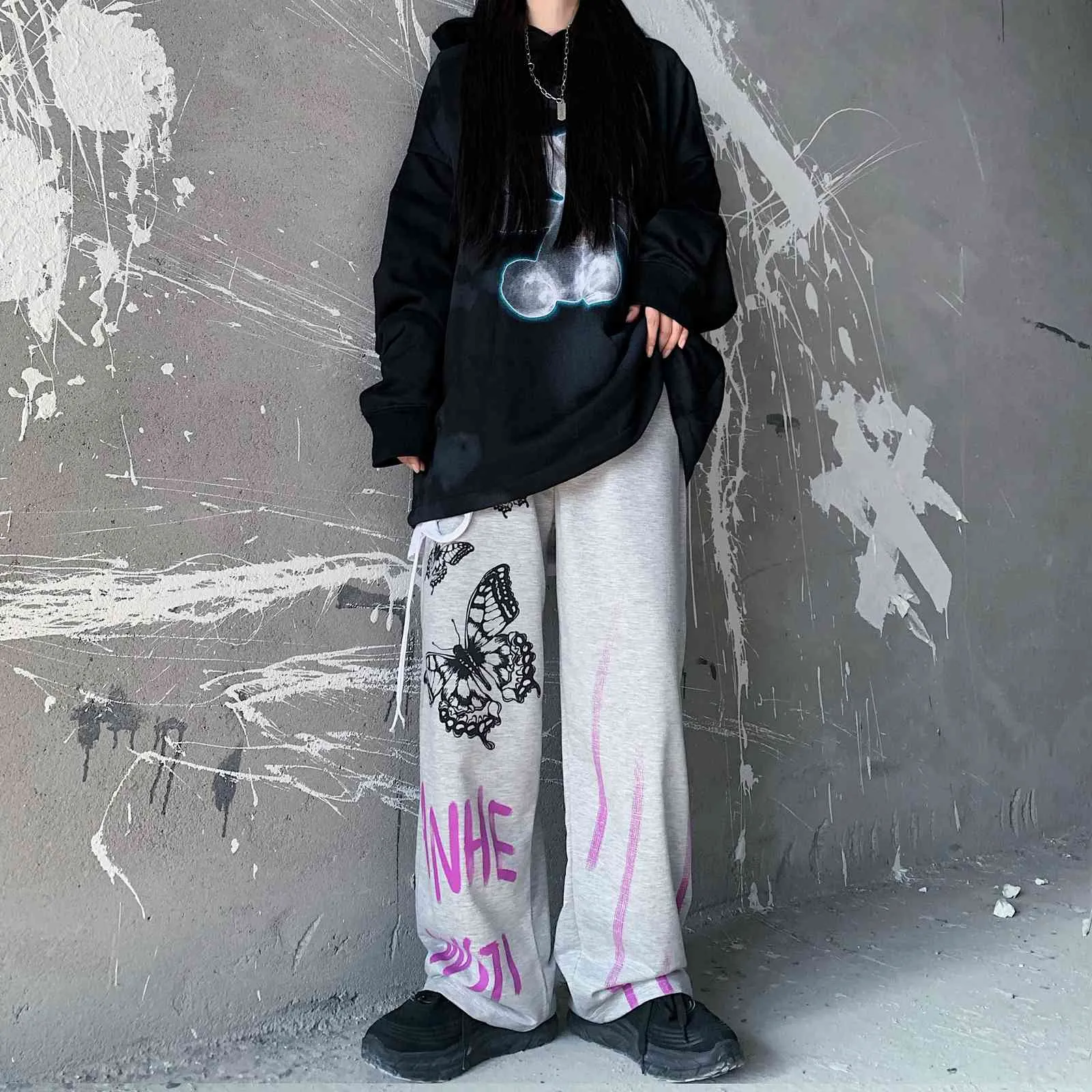 Casual Byxor Kvinnor Harajuku Gothic Byxor Streetwear Vintage Koreansk Ins Fashion Straight Pant Bottoms 210519