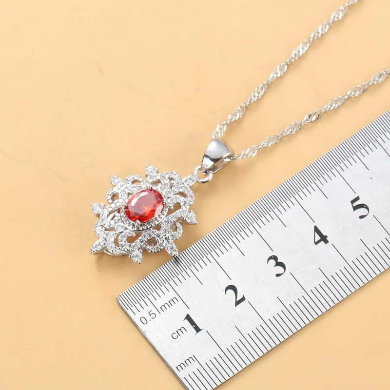Conjuntos de joyería elegantes para traje de boda para mujer, pendientes colgantes de piedra Natural granate rojo y collar, conjuntos de anillo nupcial H10224937048