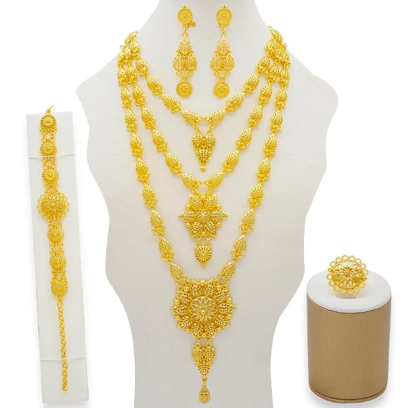 Ensembles de bijoux de Dubaï, collier et boucles d'oreilles en or pour femmes africaines, France, fête de mariage 24K, bijoux éthiopiens, cadeaux de mariée, boucles d'oreilles290d