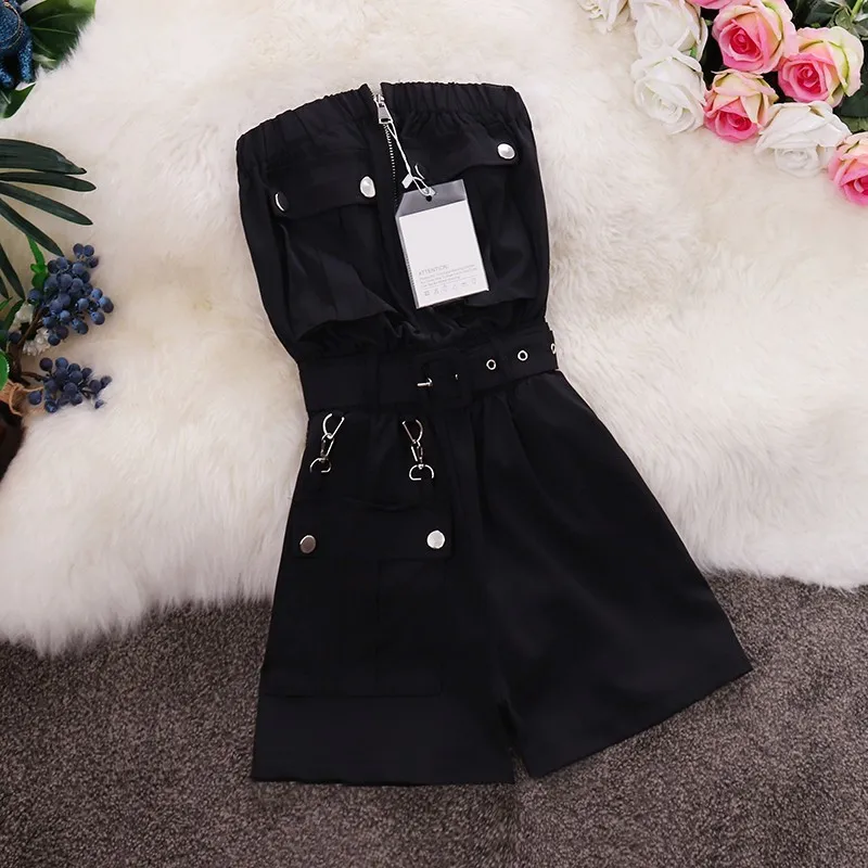 Korobov sommar ny ankomst vintage kvinnor playsuits koreanska strapless höga midja sashes kvinnliga jumpsuits casual romper 210430