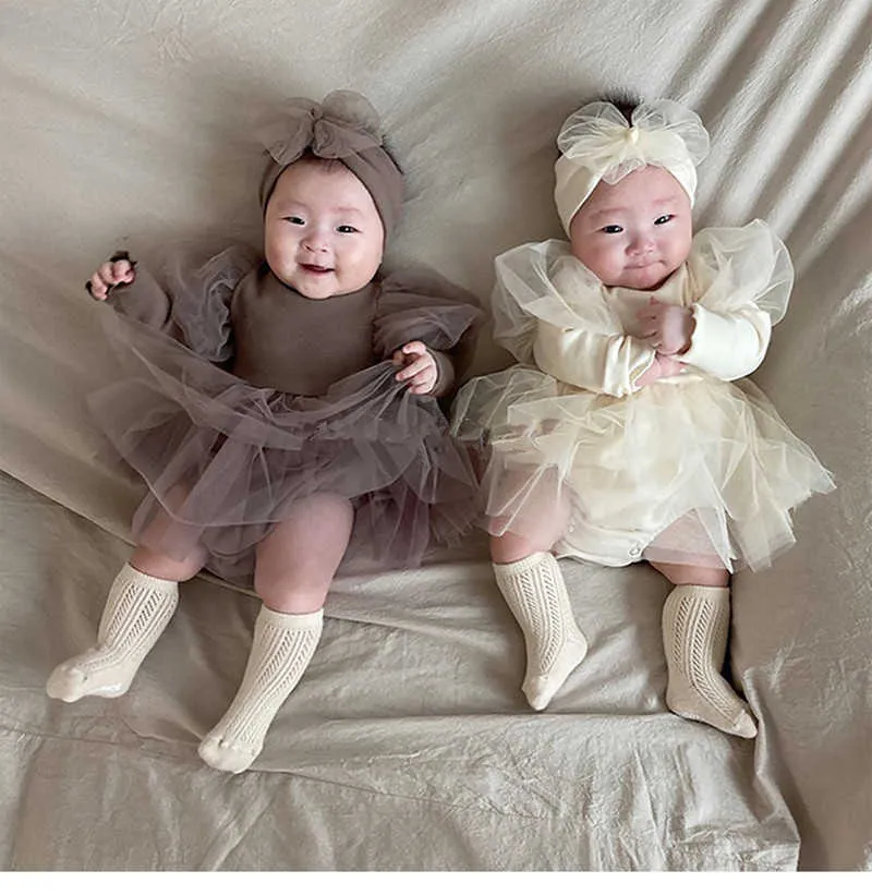 Born Baby Girls Clothes Tutu Skirt Romper Korean Princess Onesie Dress for Little Infant Toddler Ins Clothing with Headband 210529