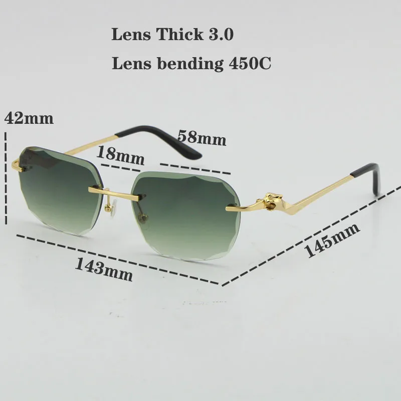 2021リムレスファッションヒョウシリーズゴールド18Kサングラスメタルドライビングメガネ高品質のデザイナーUV400 3 0厚さフレームレス264W