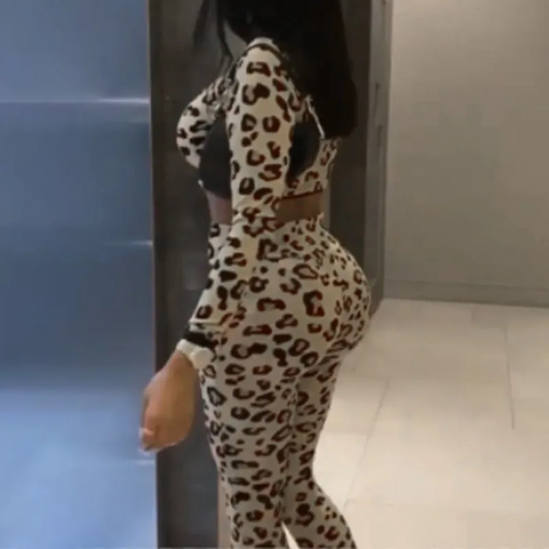 Fashion Sexy Leopard Print Tracksuit Two Piece Set Full Sleeve High Neck Crop Top And Sport Leggings Outfits Active Wear Autumn 210517