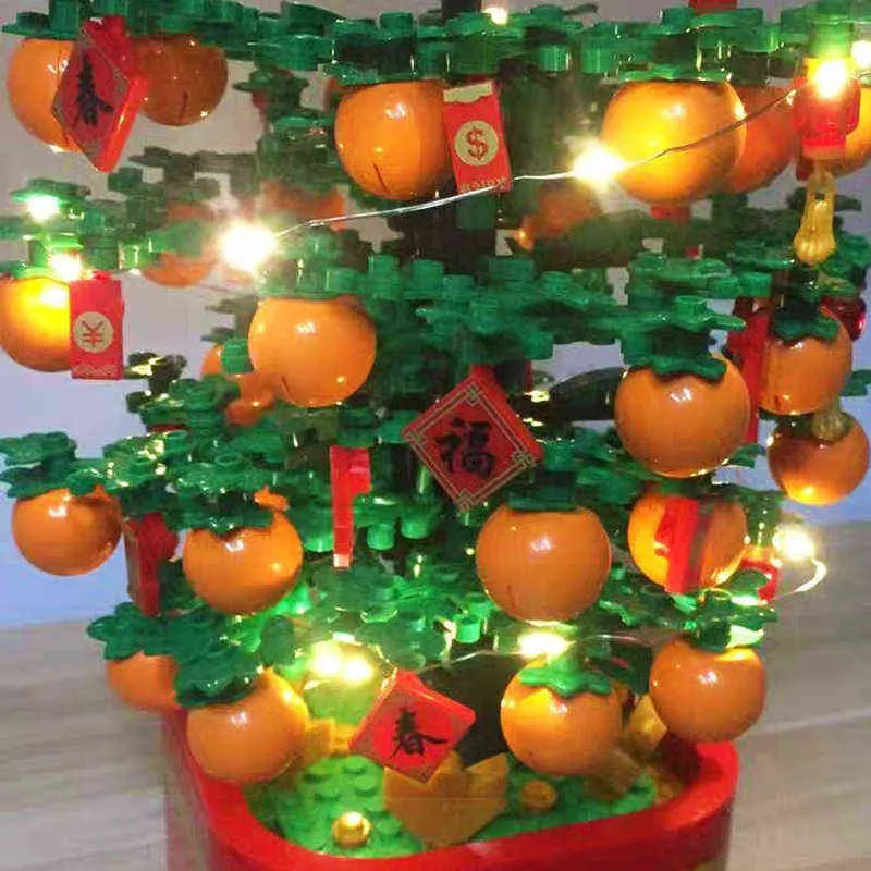 SEMBO Block Idea Chinese New Year Orange Tree Building Blocks With Light Creative Christmas Tree Modle Bricks Music Box Toys Y220214