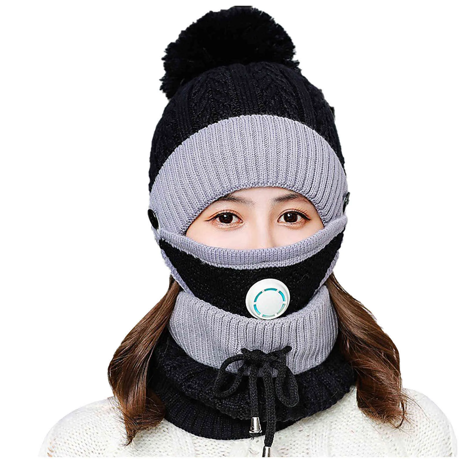 3 pièces/ensemble filles hiver tricot chapeau et écharpe ensemble enfant en peluche chaud Pom Cap écharpes avec masque respirateur grande circulaire