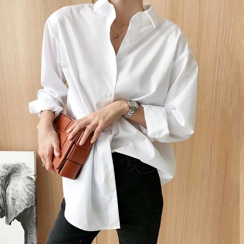 Casual lâche coton blanc grande taille femmes chemises Harajuku bouton femme chemise hauts à manches longues coréen Blouses Blusas 12398 210512
