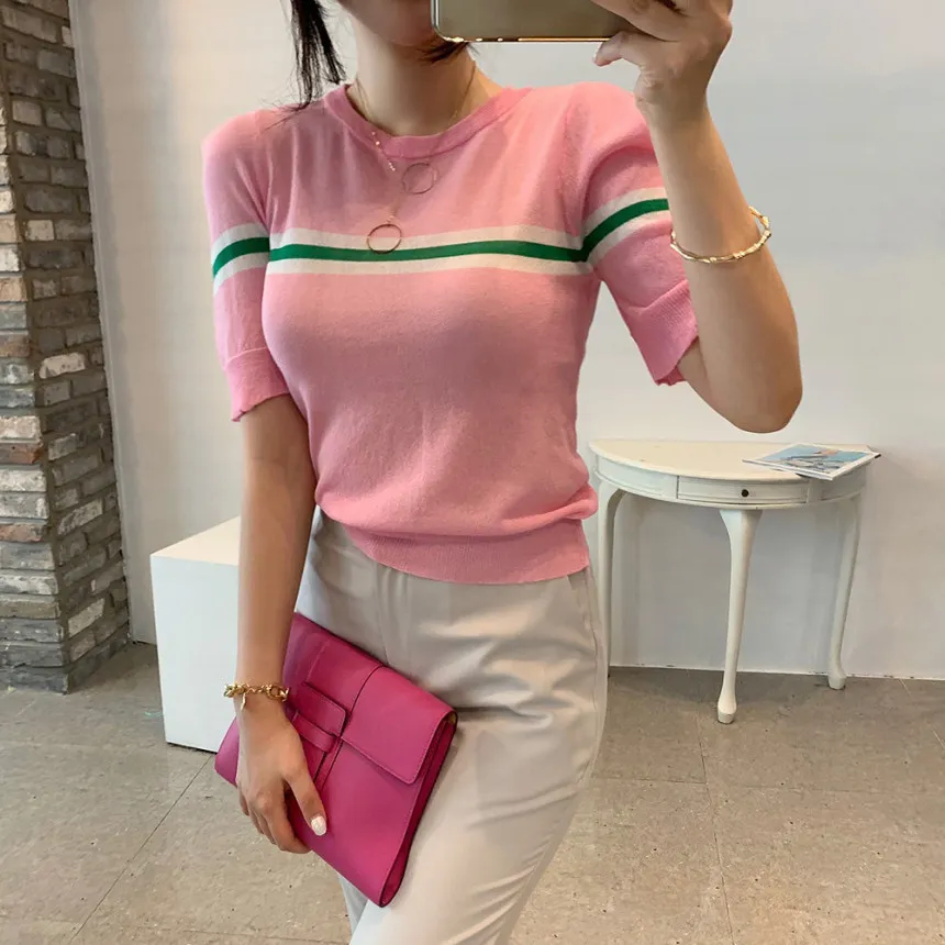 Été rayé tricoté t-shirt hauts femmes à manches courtes o-cou mince t-shirts mode coréenne dames pulls femme 210513