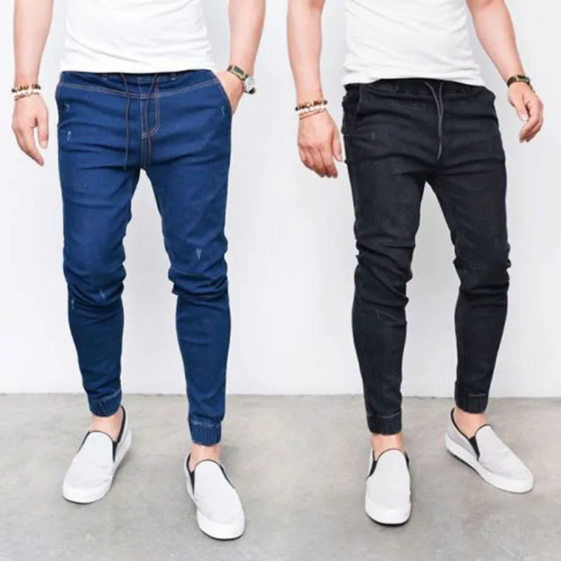 Casual Men Jeans Solid Slim Fit Full Lenght Pencil Pants Plus Size Light Blue Black Denim Jeans for Men Ripped Male Trousers 210318
