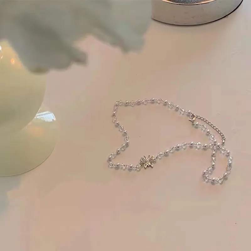 Strass Schmetterling Anhänger Halsketten für frauen Kristall Perle Schlüsselbein Neckalce Koreanische Erklärung Mode Schmuck Ganze Geschenk