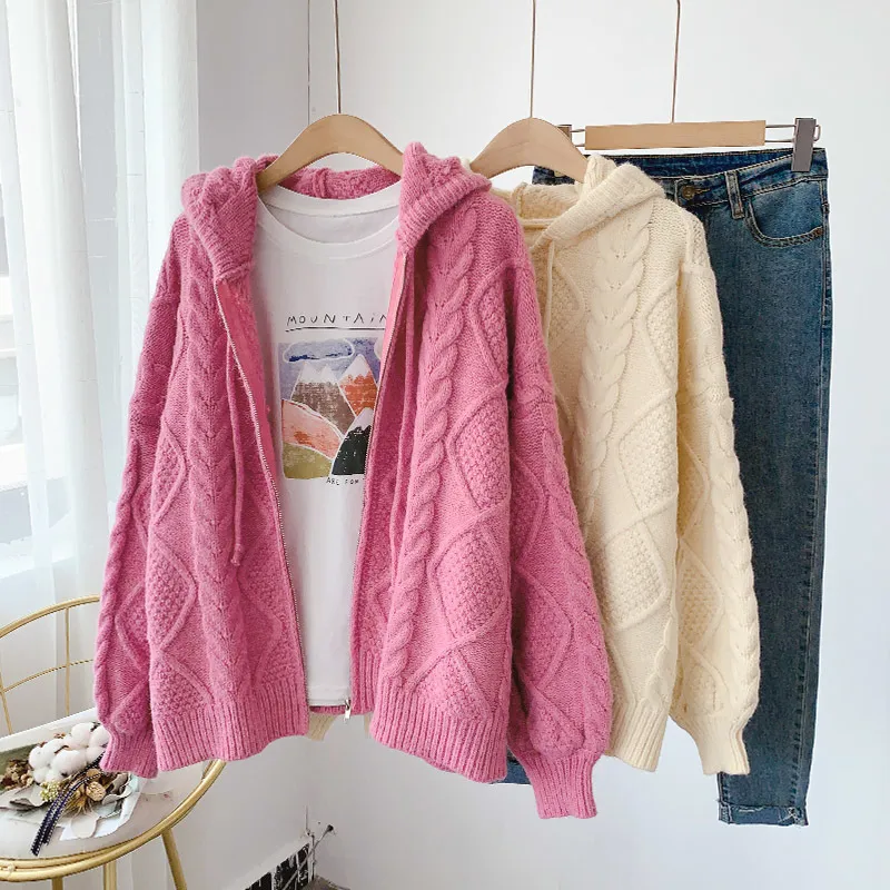 Korean Winter Pink Sweater Cardigans Hooded Knit Sweaters Loose Oversized Christmas Knitted Coat Female Clothing 210430