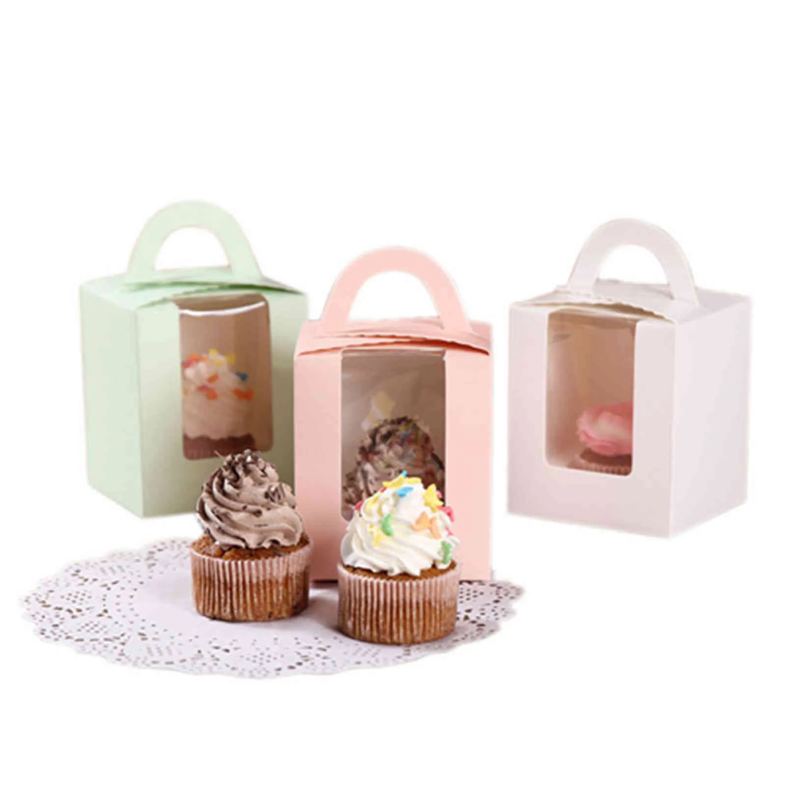 50 Stück Cupcake-Box mit Fenster und Griff, Kuchenträger, kleiner Kuchen-Geschenkbehälter für Bäckerei, Hochzeit, Party, Geburtstag, Versorgung TUE88 210326