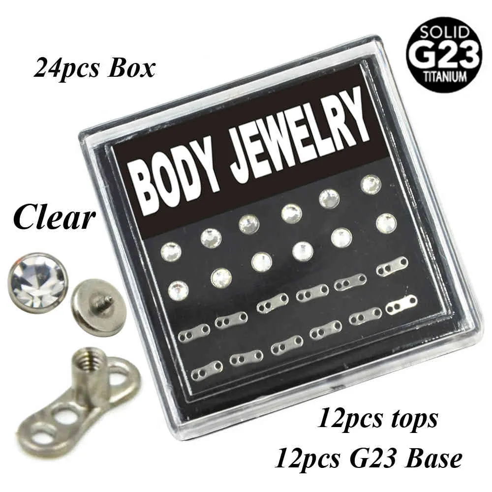 G23 Titanium Płaski CZ Crystal Dermal Anchor Piercing Body Biżuteria Pudełko Zestaw wewnętrznie gwintowany ze stalowymi wierzchołkami