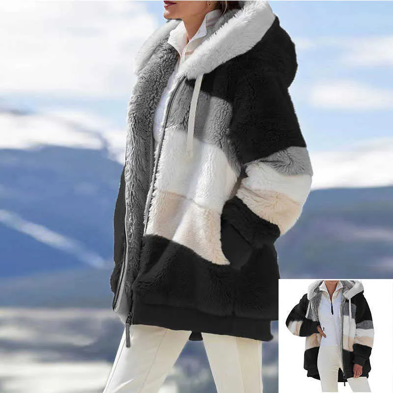 Veste d'hiver en peluche à capuche pour femme, couture contrastée, flocage, manteau chaud à capuche, manches longues, poche zippée, pardessus ample Y0829