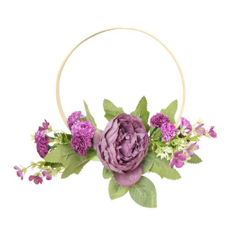 Bamboo Ring Artificial Peony Flower Wreath Handmade Floral Wreaths Garland for front Door Wall Wedding Party Farmhouse Home Y0901