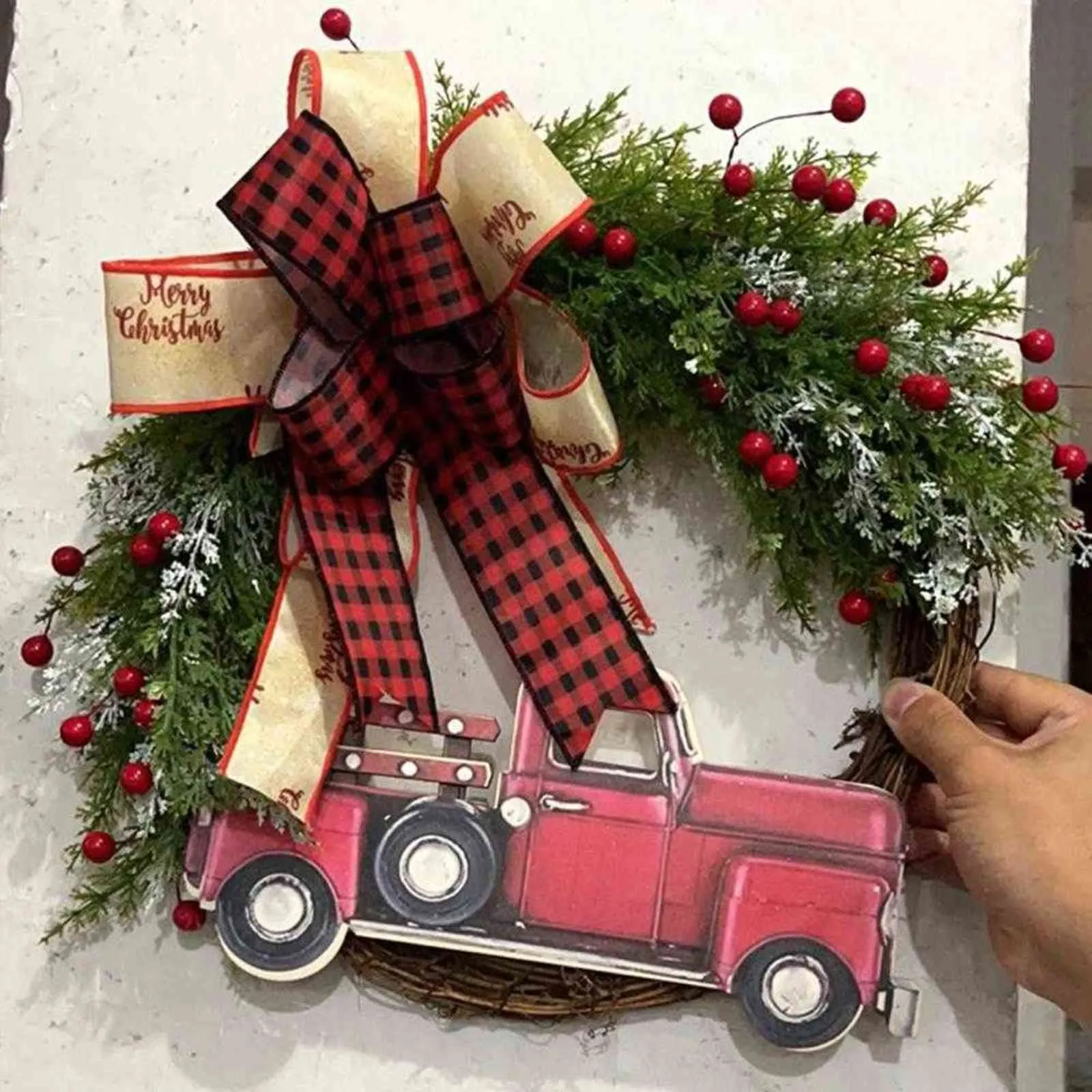 Ins Hot Christmas Decoration Red Truck Pumpkin Xms Wreath Garland Door Hanging
